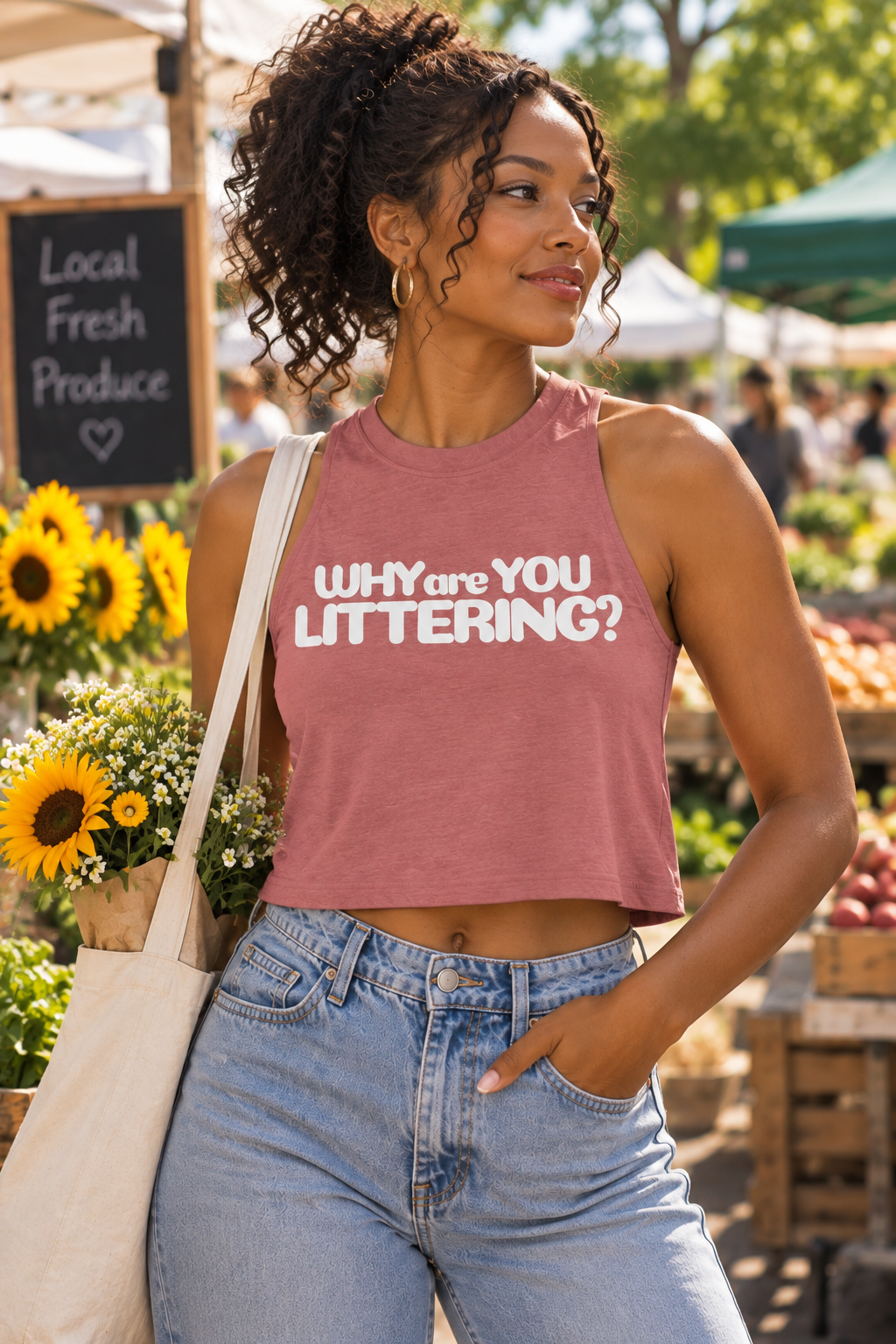 Why Are You Littering? Women’s Crop Tank | Green Space Graphic Tank